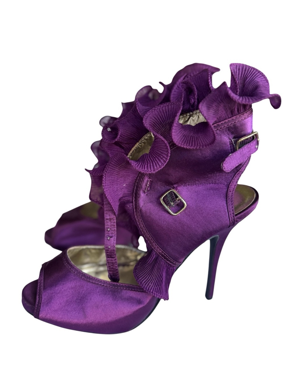 Wild Rose Purple Satin Ruffle Heels Size 11 Statement Stiletto Avant Garde Prom